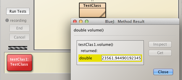 Figure 5: Using a TestClass to check the Cone.volume method