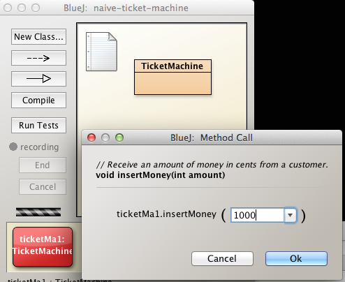 Figure 2: Insert 1000 as argument in TicketMachine.insertMoney