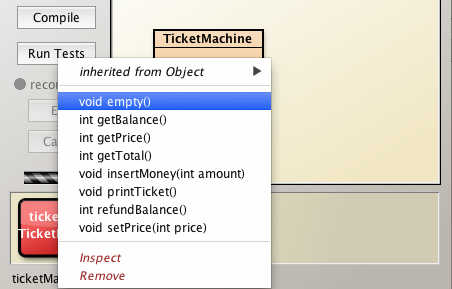 Figure 2: Invoking empty method on TicketMachine