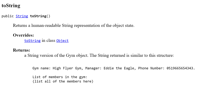 Figure 3: toString() for the Gym Class