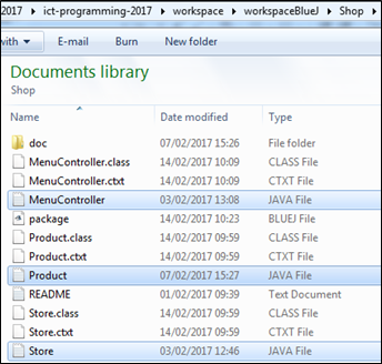 BlueJ Shop Project - files highlighted