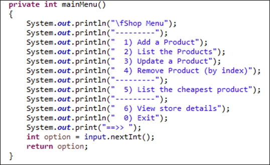 mainMenu method in ShopV3.0