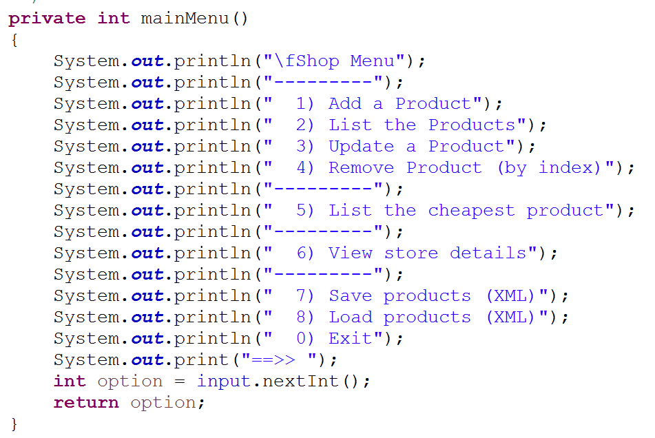 mainMenu method in ShopV4.0