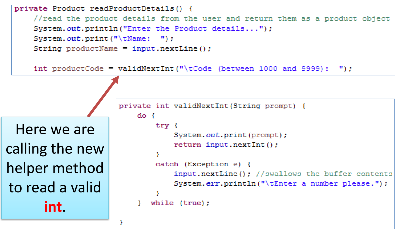 Validate int method and a call to it