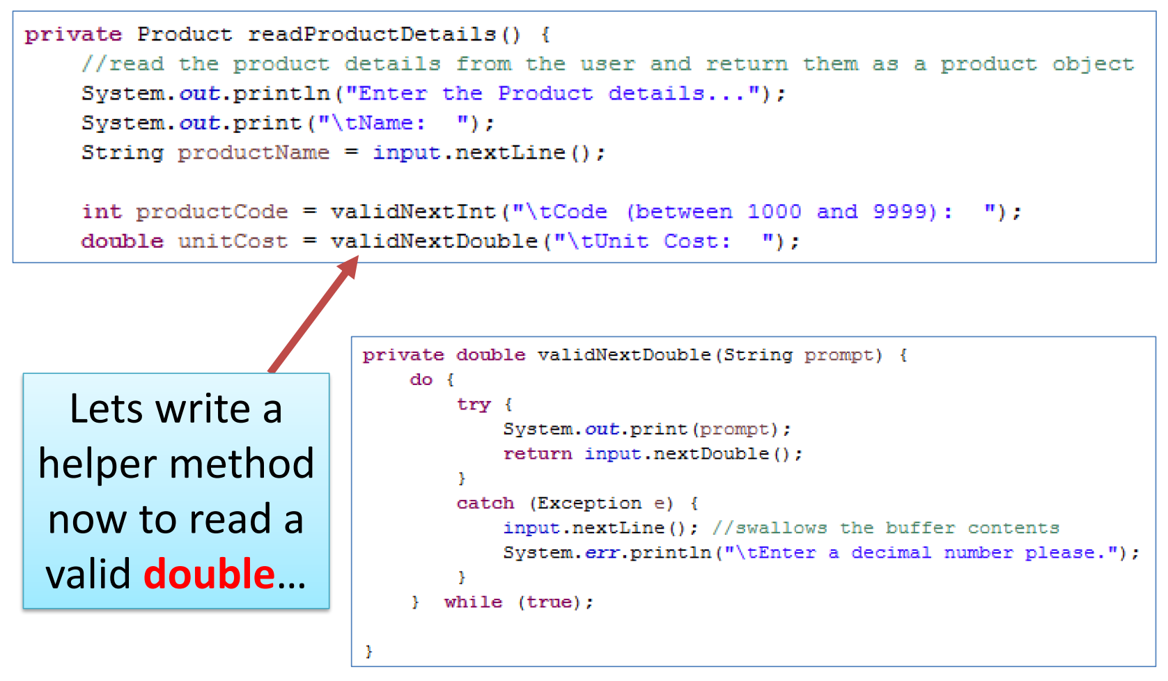 Validate double method and a call to it