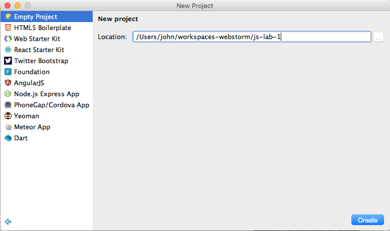 Figure 1: WebStorm IDE - Create new project