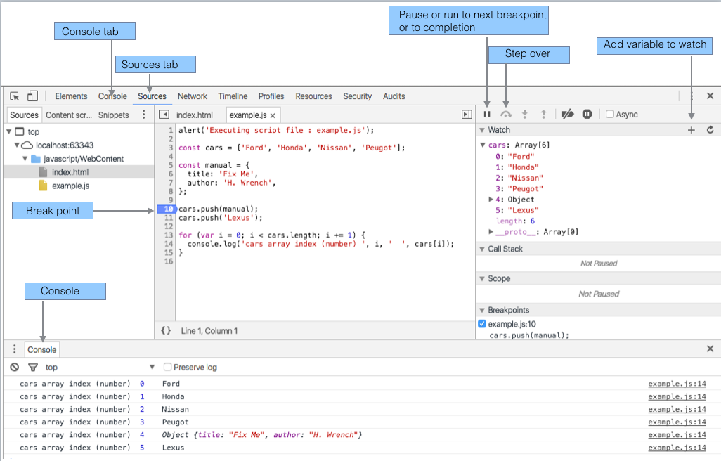 Figure 1: Some useful developer tools features shown in the Sources pane