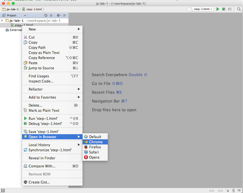 Figure 3: About to open Chrome from WebStorm context menu