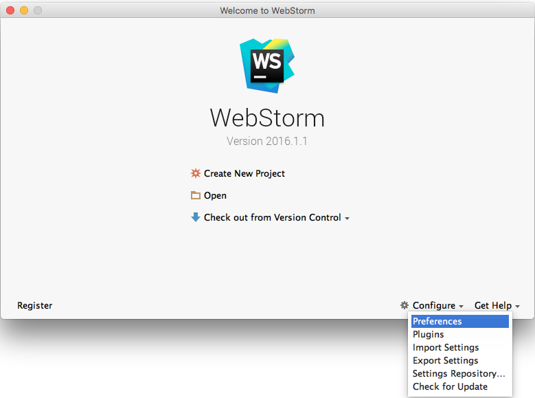 Figure 4: Access WebStorm preferences via the gear at bottom right of splash screen