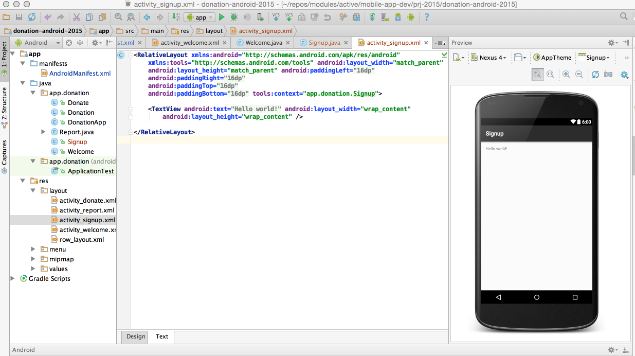 Figure 3: Combined Design-Text view of new file activity_signup.xml