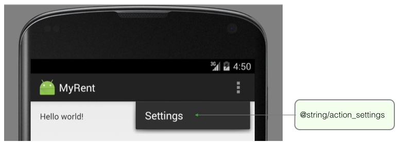 Figure 3: Options Menu item on Action bar (Settings)