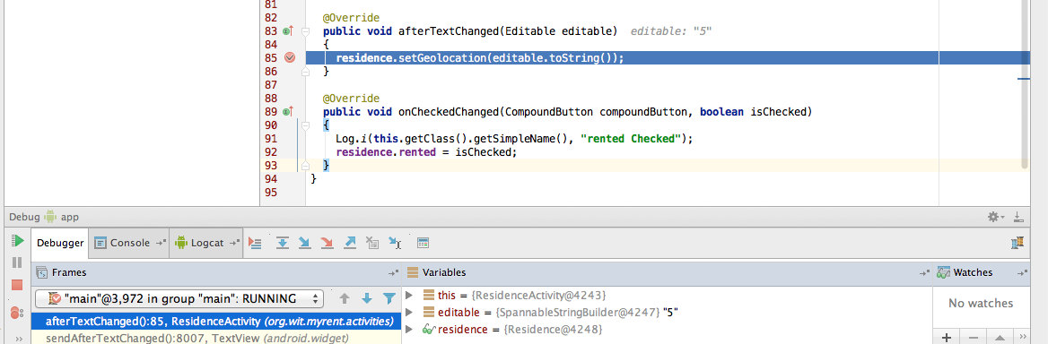 Figure 2: Using debugger to verify data input transmitted to model object