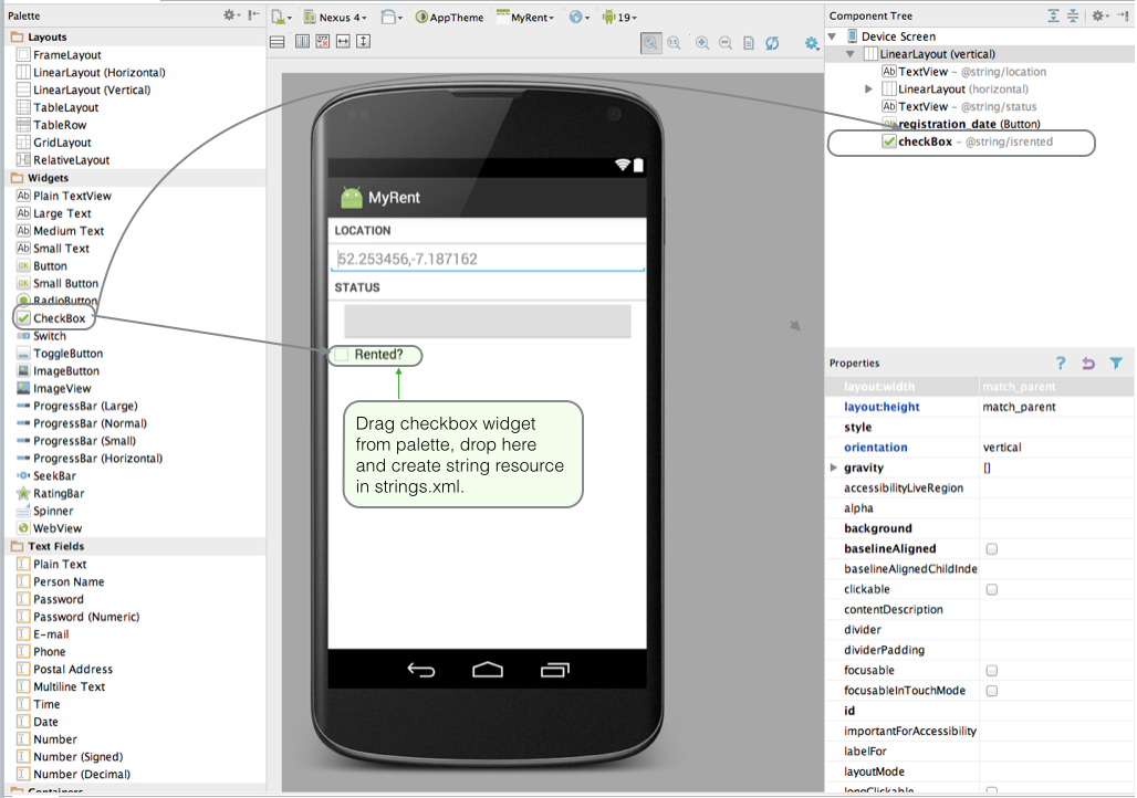 Figure 1: Drag and drop CheckBox widget directly underneath registration_date button