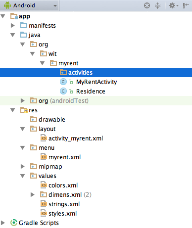 Figure 5: New package org.wit.myrent.activities
