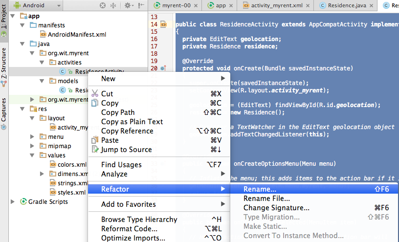 Figure 1: Change activity name using Refactor