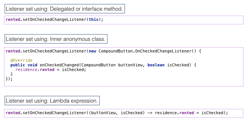 Figure 3: Three methods of setting a listener