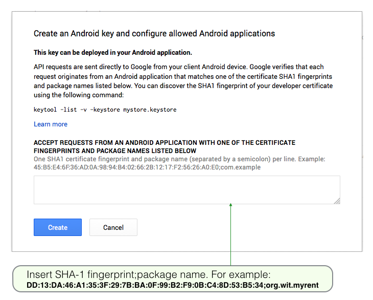 Figure 8: Create an Android key and configure allowed Android applications