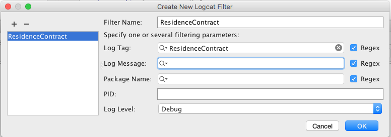 Figure 2: Log filter to observe ResidenceProvider output