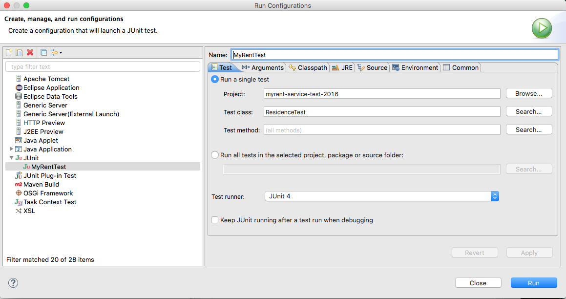 Figure 1: JUnit test run configuration